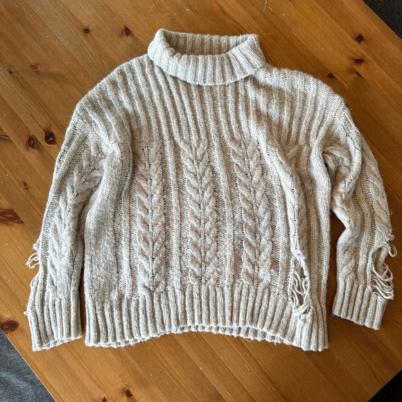 Revolve Superdown Cream Cable Knit Turtleneck Sweater with Distressing Small - Picture 2 of 5